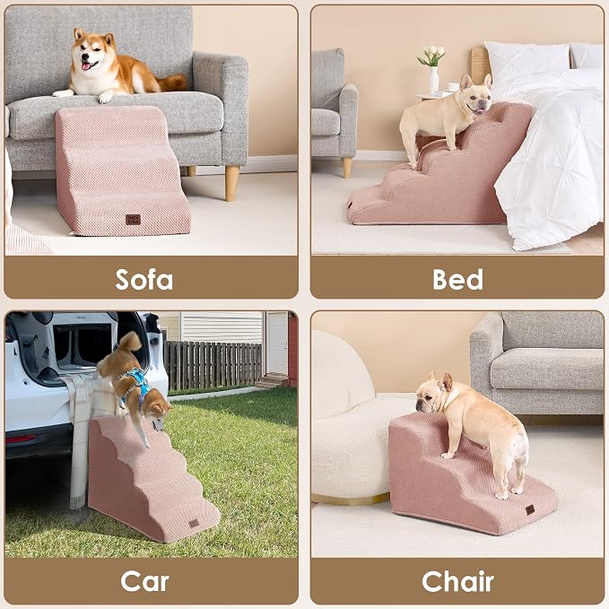 EHEYCIGA Curved Dog Stairs Ramp for High Beds 19.7" H, 4-Step Dog Steps for Small Dogs and Cats, Pet Stairs for High Bed Climbing, Non-Slip Balanced Pet Step Indoor, Dusty Pink - Image 7