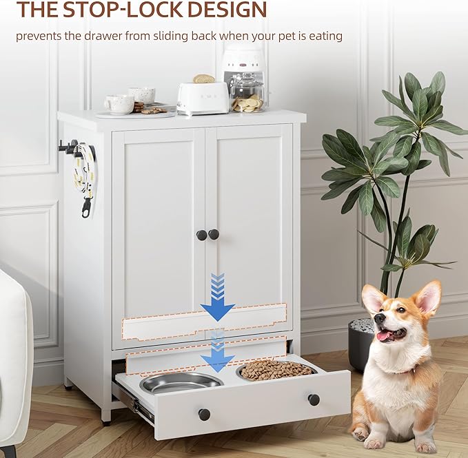 Dog Feeding Station with Storage, Metal Dog Food Storage Cabinet with 2 Elevated Bowls and 3 Hooks, Pet Feeding Station and Dogs Food Storage Organizer, White - Image 3