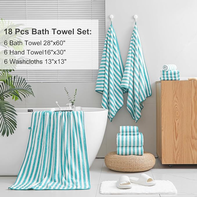 Smuge 18 Pcs Bath Towel Set, Include 6 Bath Towel Sheets, 6 Hand Towels and 6 Washcloths - Highly Absorbent Quick Dry Microfiber,Ultra Soft Bathroom Towel Set with Hanging Loop - Sea Blue - Image 5