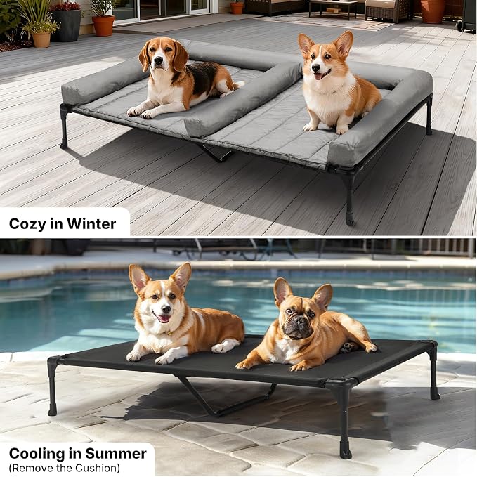Veehoo Elevated Dog Bed for Two Dogs, Cooling Raised Dog Bed with Removable Waterproof Bolster Mat, 53" x 37.5" Double Dog Bed, Outdoor & Indoor Pet Cot with Breathable Mesh, Non-Slip Feet, Grey - Image 5