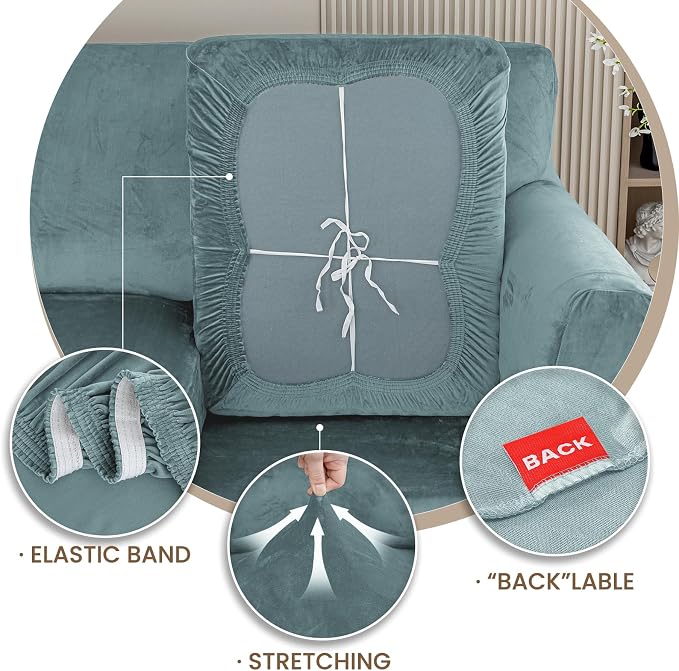 XINEAGE 3-Piece Velvet Sofa Cover,Couch Covers for Dog,Gray Blue | 2 Cushion Sofa,Stretch Non-slip Elastic, Pet-friendly, Washable, Fast Setup, Soft Plush Fabric, Furniture Protector. - Image 7