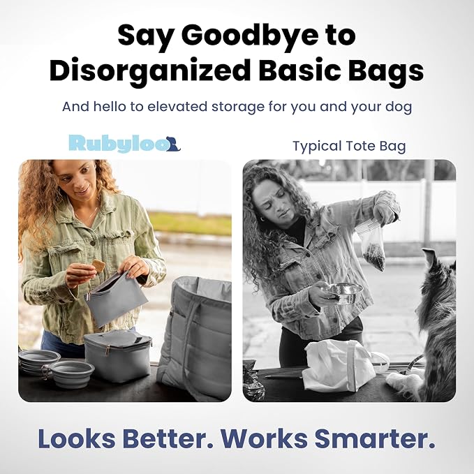 Rubyloo Puffer Dog Travel Bag for Dog Moms, Diaper Bag with Travel Bowls | 2 BPA-Free Collapsible Bowls, 2 Pet Food Containers, 9 Pockets, Everyday Puffer Bag Works With or Without Your Dog, Grey - Image 7