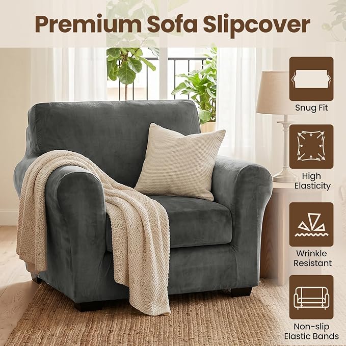 XINEAGE 2-Piece Velvet Armchair Sofa Cover, Couch Covers for Dog,Gray | 1 Cushion Chair,Stretch Non-slip Elastic, Pet-friendly, Washable, Fast Setup, Soft Plush Fabric, Furniture Protector. - Image 2