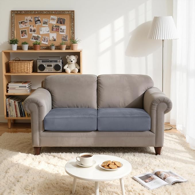 CHUN YI Velvet Couch Cushion Covers, 2PC Water Resistant Loveseat Cushion Covers for 2 Cushion Couch, Individual Seat Cushion Covers Cushion Protector Slipcovers for Pets (2 Pack, Grey) - Image 3