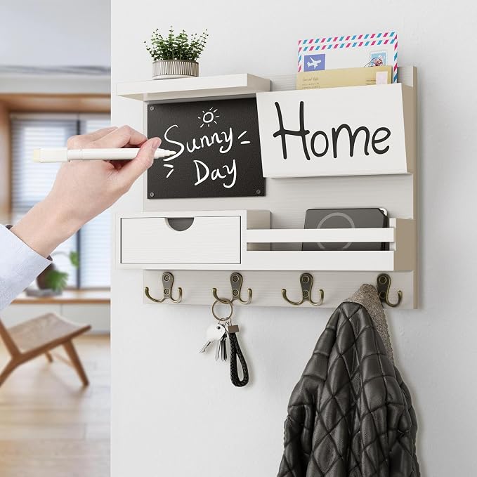 Farmhouse Key Holder for Wall with Mail Organizer - Easy Installation Wall Mount Organizer, Includes Chalkboard, Drawer, Wallet Holder & 4 Double Hooks, Ideal for Entryway, Quick Access - White - Image 3
