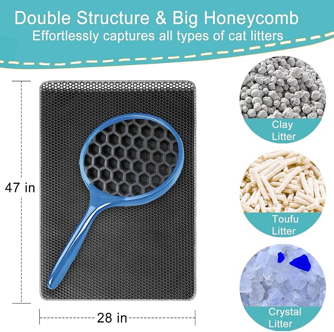 XL Cat Litter Mat, Longer 28"x47", Litter Box Mats Extra Large for Cats | 2-Layer Honeycomb Extended Design to Less Mess, Anti-Tracking, Waterproof Non-Slip, Keeps floor clean.Mengbu(Dark Grey) - Image 2