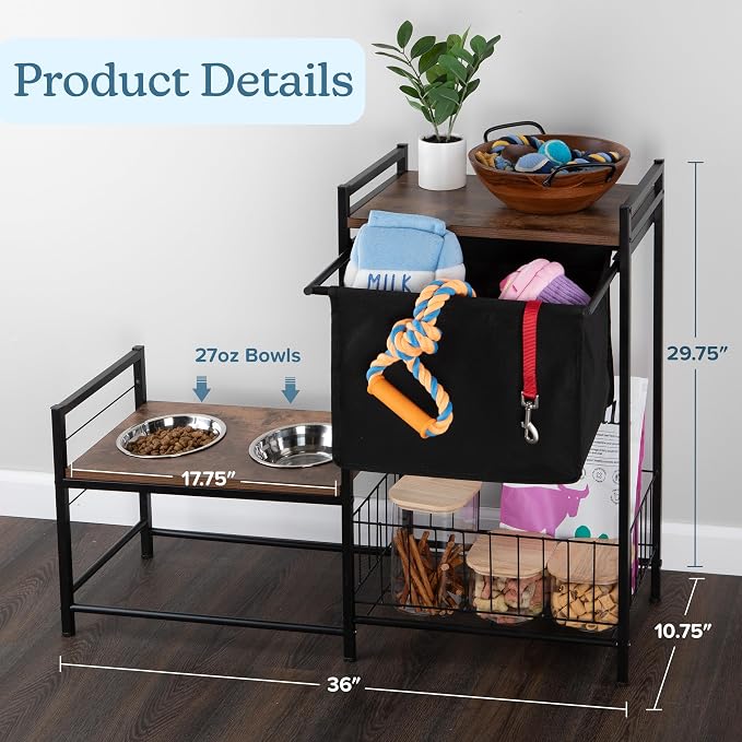 Elevated Dog Bowls with Storage - Elevated Dog Bowl Stand with 3 Adjustable Heights, Toy Bin Basket, and 2 Stainless Steel Bowls - Pet Feeding Station for Small to Large Breeds by PETMAKER (Black) - Image 3