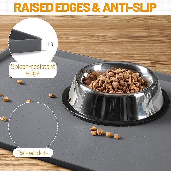 Hubulk Dog Feeding Mat,100% Waterproof Food Grade Silicone Pet Food and Water Bowl Placemat,Dishwasher, High Raised Edge to Prevent Spills,Nonslip Tray to Stop Messes on Floor (32"x24"x1.0", Grey) - Image 3