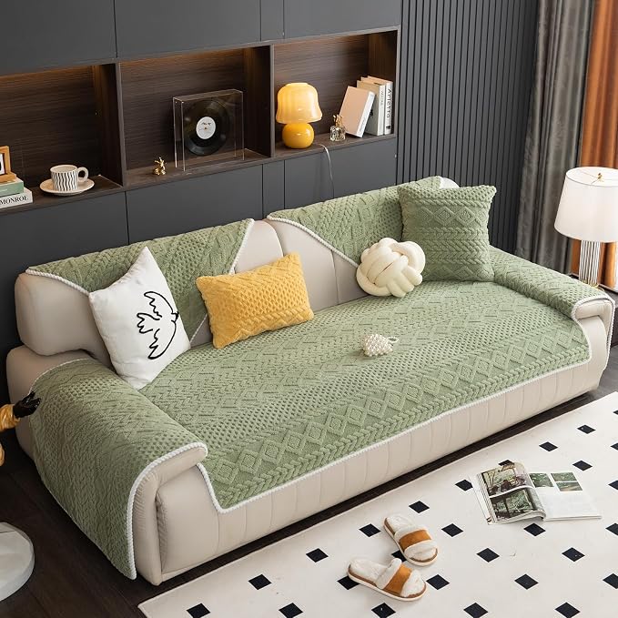 vctops Cable Jacquard Plush Sofa Couch Covers Boho Fuzzy Couch Cover for Dogs Soft Non Slip Sectional Sofa Slipcover Thick Warm Washable Furniture Protector for Kids, Pets (Sage Green,28"x82") - Image 5