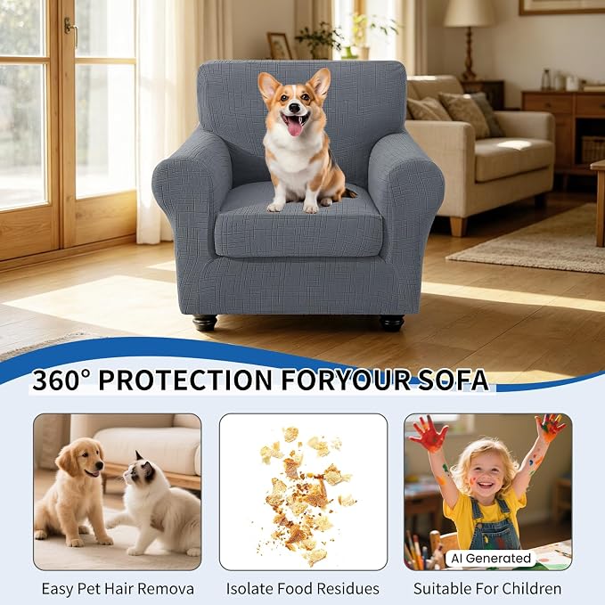 CYCMCAO Stretch 2 Piece Armchair Covers, Non Slip Chair Covers Armchair, Sofa Covers for Pets Washable with Elastic Bottom, Couch Slipcover for Kids, Dogs (Light Gray), 31"-46" (1 Cushion) - Image 5