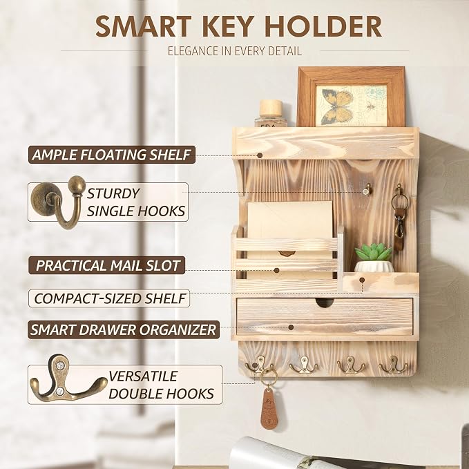 Rebee Vision Key Holder Wall Mount with Drawer for Entryway, Natural Wood | Key Holder for Wall, 6 Key Hooks, Wall Shelf, Drawer Organizer, Mail Sorter, Key Hanger Home Decor, Decorative Home Storage - Image 5