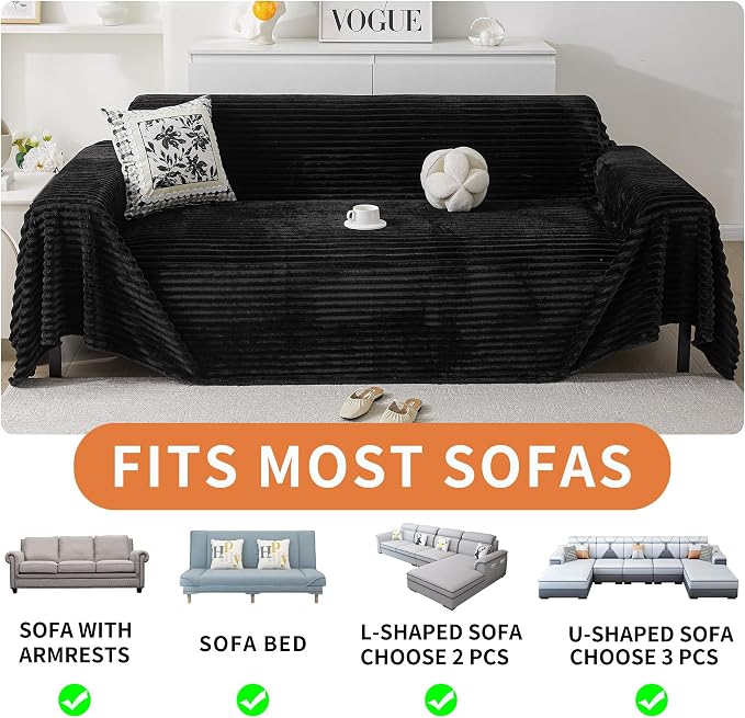 HAOMAIJIA Faux Fur Sofa Covers Couch Covers for 2 Cushion Couch Sofa Pet Friendly Soft Non Slip Couch Cover for Dogs Washable Sectional Couch Covers L Shape Furniture Protector (Black, 91"x118") - Image 6