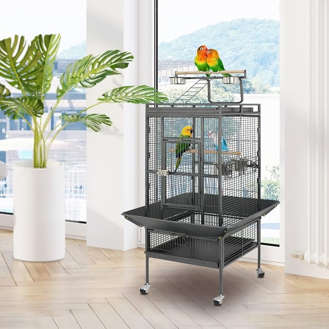 SUPER DEAL PRO 61-inch 2in1 Large Bird Cage with Rolling Stand Playtop Parrot Chinchilla Finch Cage Macaw Conure Cockatiel Cockatoo Pet House Wrought Iron Birdcage, Black - Image 2