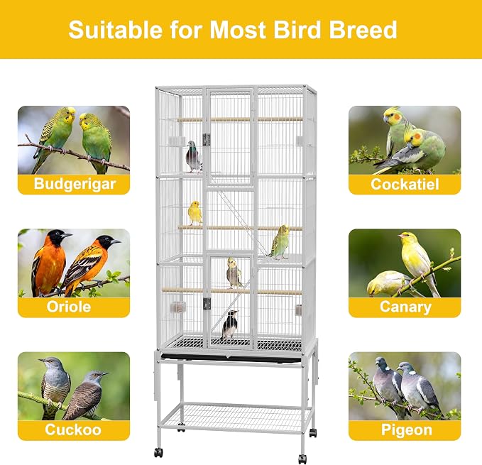 69 inches Bird Cage with Dust Cover, Birdcages with Rolling Wheels | Large Bird Cages for Cockatiels Quaker Conure Parakeet Lovebird Finch Canary Small Medium Parrot Cage Birdcage,White - Image 6