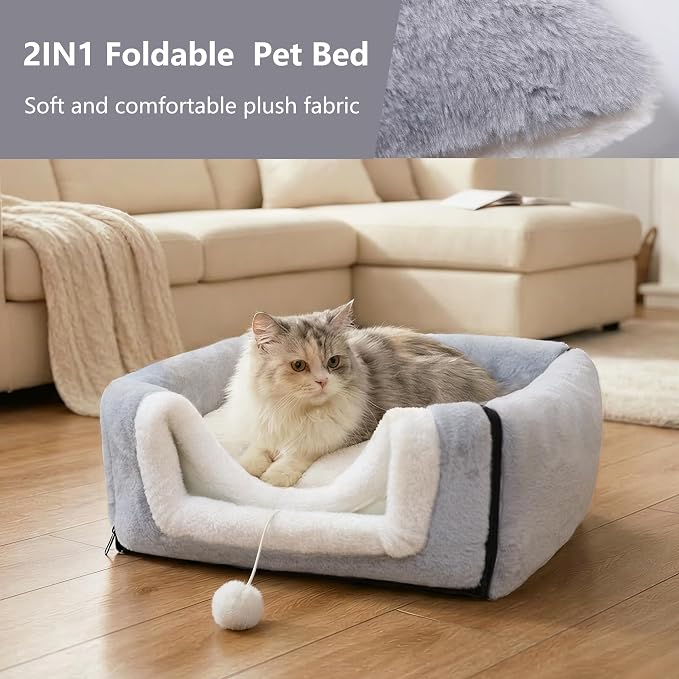Cat Bed for Indoor Cats，Foldable cat cave，Anti-Slip & Water-Resistant Bottom，cat Houses for Indoor Cats or Small Dogs, Kitten Tent, Rabbit Bed，2 in 1 pet Bed (Grey) - Image 3