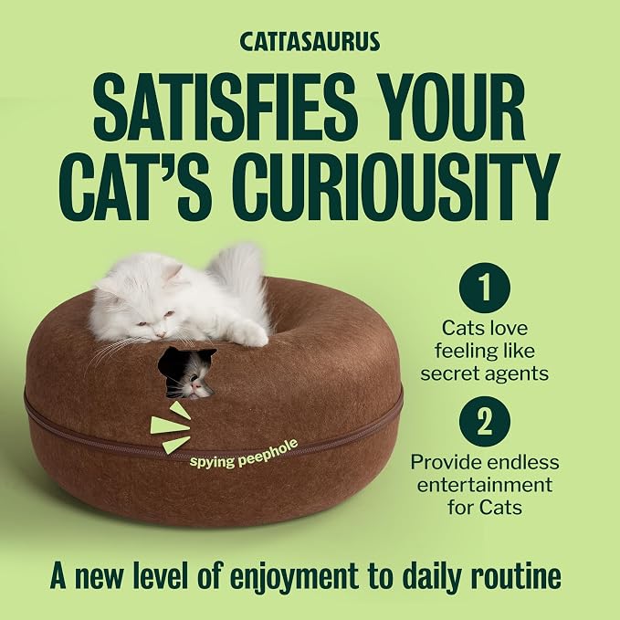 Cattasaurus Peekaboo Cat Cave Donut for Multiple & Large Cats up to 30-45 lbs, 3-in-1 Self Warming Cat Bed, Tunnel & Scratcher for Indoor Cats, Washable & Detachable Small Dog Bed (Brown, Large) - Image 6