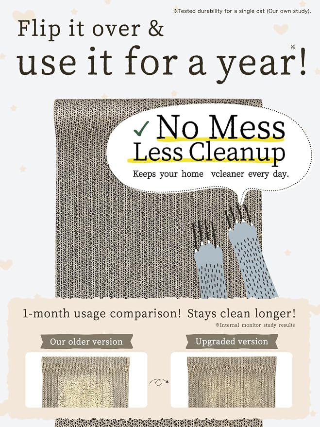 NyankonoYado No Mess & 1-Year Durable Cat Scratcher, Cardboard Scratch pad Bed Vet-Approved, Extra-Wide Reversible Cardboard, High Durability & Low Debris, for Large or Overweight Cats, Indoor - Image 3