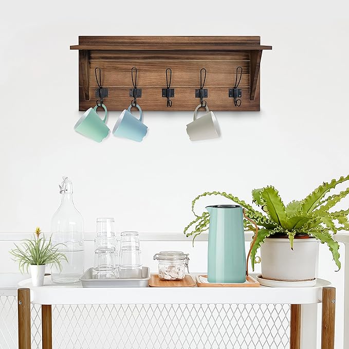 HBCY Creations Rustic Brown Solid Wood Wall Mounted Coat Rack with Shelf, 5 Hooks, 24" Long - Kitchen, Mudroom, Entryway, Bathroom - Includes Mounting Hardware, Coat Hanger, Dog Leash Hooks - Image 5