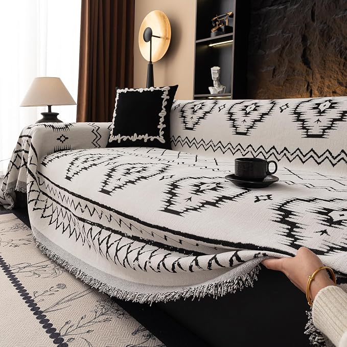 VClife Boho Aztec Couch Cover Retro Couch Cover for 2 Cushion Couch Sofa, Western White Loveseat Cover with Black Tribal Pattern, Soft Thick Chenille Furniture Sofa Covers wit Tassel, White, 71"X118" - Image 3