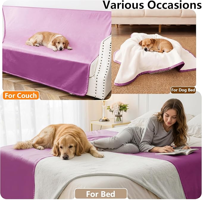 Waterproof Blanket - Reversible Dog Throw as Furniture Protector | Soft Velvet & Flannel, TPU Leak-Proof Liner, Machine Washable, Fits Couch and Bed, 68" x 82", Purple/Cream - Image 5