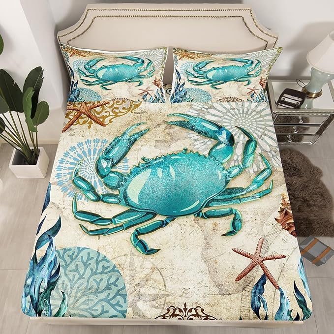 Beach Theme Bedding Set Kids Beach Crabs Print King 4 Piece Sheet Set 3D Crab Luxury Microfiber Bed Sheets Set (1 Fitted Sheet, 1 Flat Sheet, 2 Pillowcases)Soft Cute Marine Life Decorative Bedding - Image 2