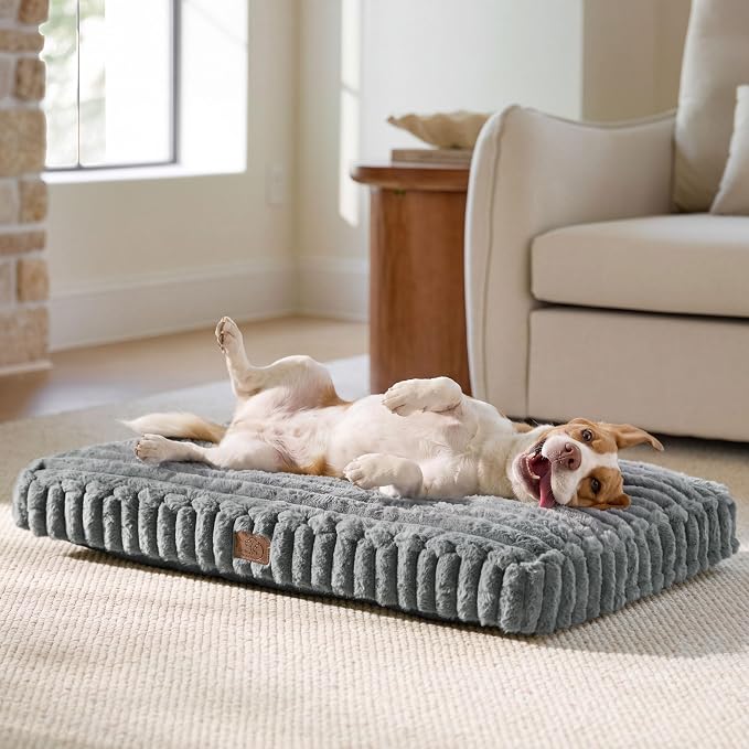 Bedsure ComfyFleece™ Fluffy Balanced Support Large Dog Bed for Crate,35x22 | Golden Ratio Chopped Foam & PP Cotton, Upscale Home Decor,Waterproof Liner, Removable Washable Cover, Nonslip Bottom,Grey by Unknown