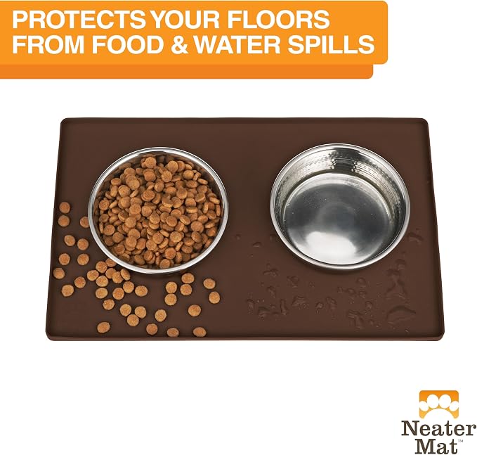Neater Pet Brands Neater Mat Pet Mats for Food and Water, Cat & Dog Bowl Mat Waterproof Silicone, Feeding Tray, Dog Food Mats for Floors, Placemat w/Raised Edge for Under Bowls, 16” x 10”, Brown - Image 2