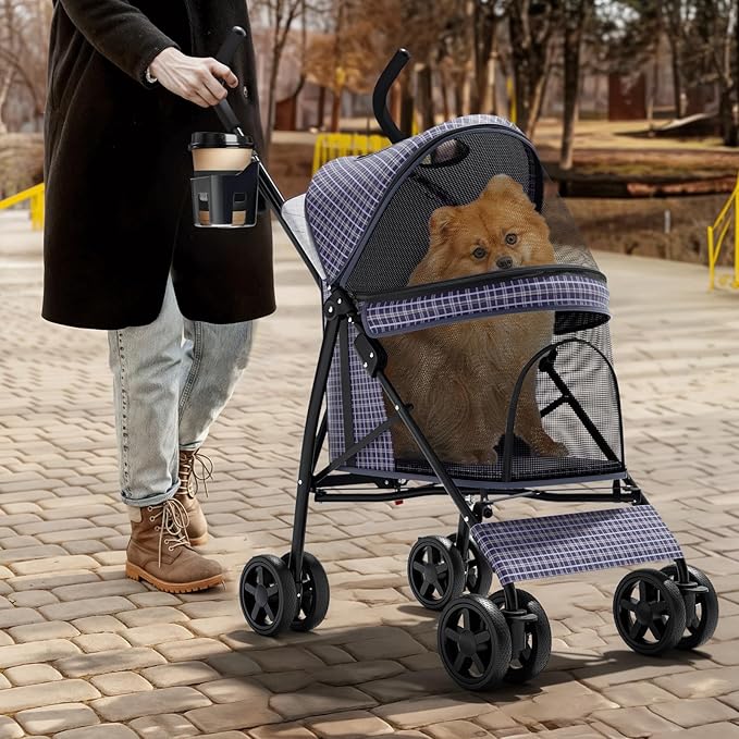 Magshion Compact Pet Stroller for Small-Medium Dogs/Cats up to 22lbs, 4-Wheel Lightweight Umbrella Shaped Portable Puppy Travel Jogger with Breathable Mesh, Cup Holder & Rear Storage, Plaid