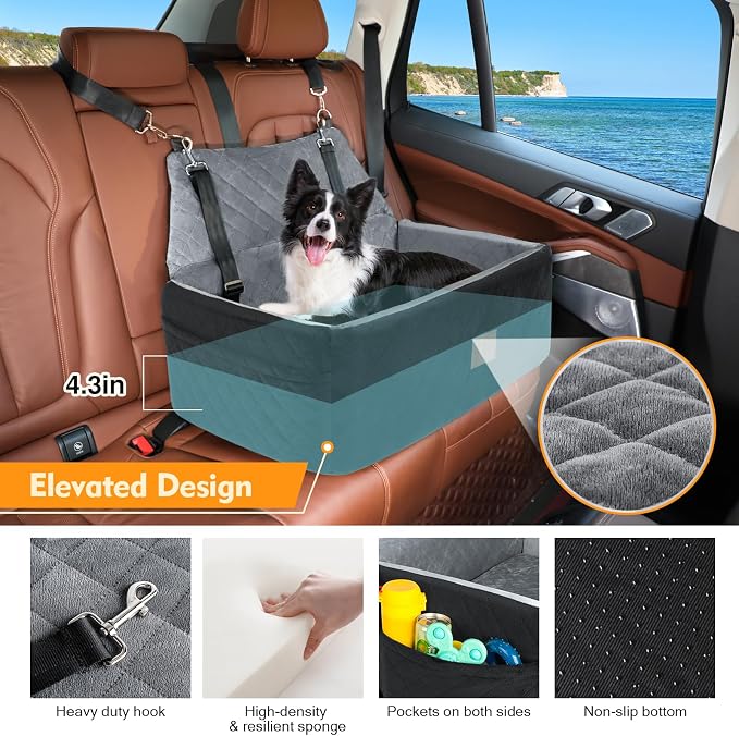 Dog Car Seat for Large Medium Dogs,Washable Pet CarSeat Under 55 lbs or 2 Small Dogs,Dog Booster Seat Travel Bed with Thick Cushion,2 Safety Leashes - Image 3