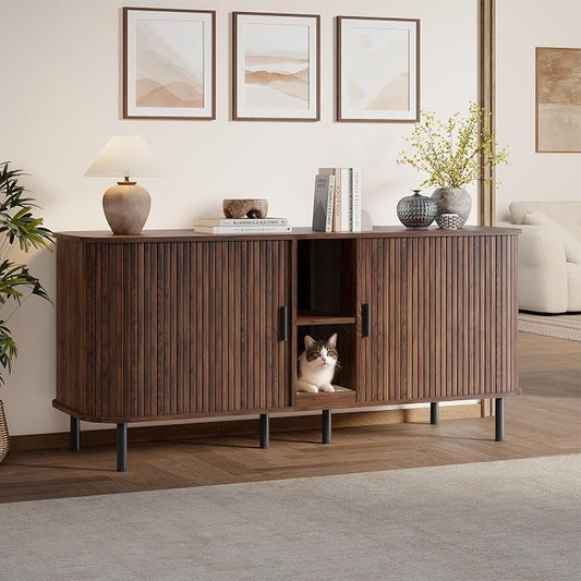 58" Double Cat Litter Box Enclosure, Large Hidden Litter Box Furniture for 2 Cats with Cat Scratch Pad, Mid Century Modern Indoor Cat House with Double Room, TV Stand, Side Table, Walnut by OPERTION