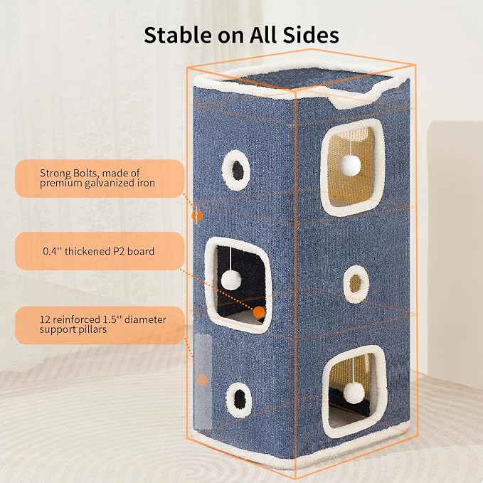 Cat House, Cat Beds for Indoor Cats, 3-Story Cat Condo Cube | Cat Bed Cave with Scratch Pad and Fluffy Ball Hanging, Multi-Level Cozy Hideout Center Ideal for Small/Medium Cats - Image 4