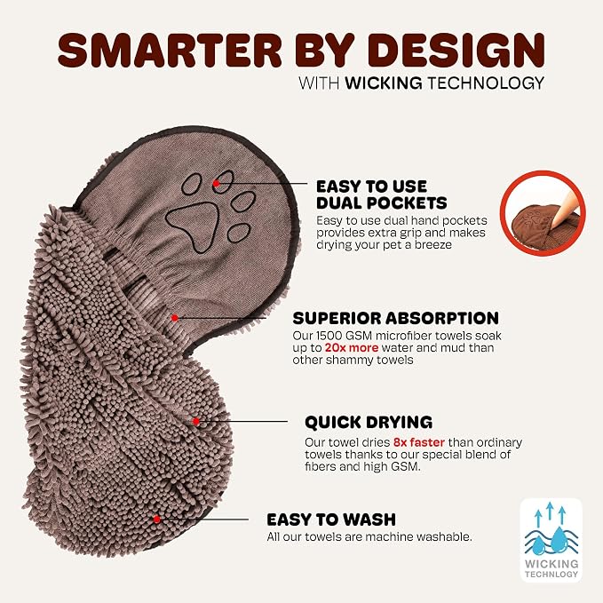Dog Gone Smart The Dirty Dog Shammy - Antimicrobial Microfiber Dog Towel for Odor Control, Fast-Drying Plush, Dual Hand Pockets & Elastic, Super Absorbent, Machine Washable, 31 x 13 in, Grey - Image 2