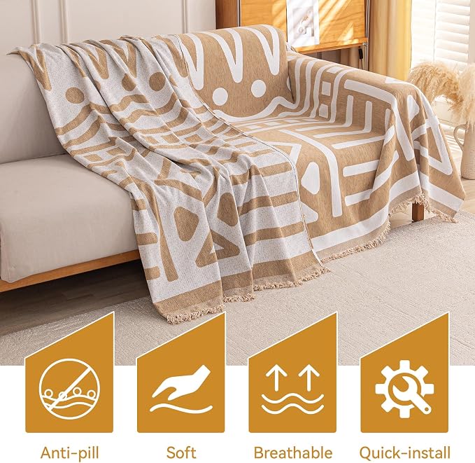 Deep Dream Boho Couch Cover, Non Slip Soft Chenille Couch Covers for 3 Cushion Couch, Thick Sofa Slipcover Sectional Sofa Cover Washable Couch Protectors for Dogs (Khaki, 71"x118") - Image 7