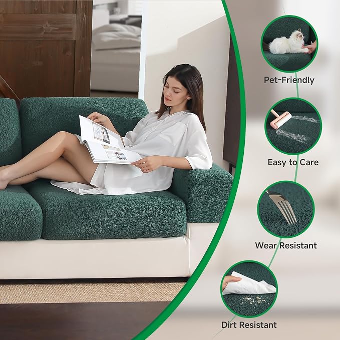 OHSIO Couch Cushion Covers for Sectional Sofa, Stretch Soft Sofa Slipcovers Washable Wear-Resistant Universal Furniture Protector for Living Room(3 Seaters Covers, Green) - Image 3