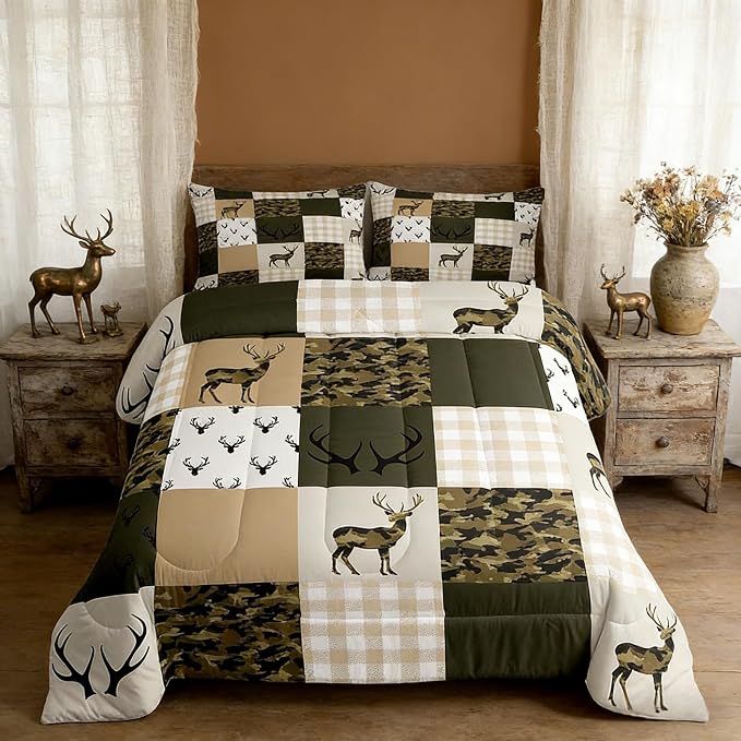 Homewish Camouflage Comforter Set Twin Size Woodland Camo Quilt Set Green and Beige Plaid Print Bedding Set 2pcs for Kids Boys Teens Room Decor, Animal Deer Antlers Duvet Insert with 1 Pillowcase - Image 3