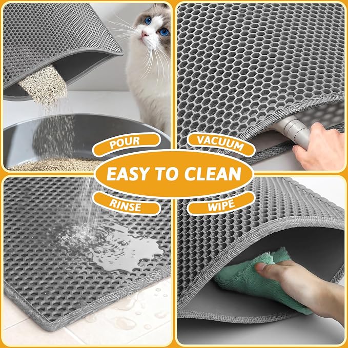 Pieviev Cat Litter Box Mat, Double-Layer Urineproof Design, 47" x 36" Gray | Honeycomb Litter Trapping Mat Captures Scattered Particles to Stop Tracking, Waterproof Base Protects Floors, Easy to Clean - Image 6