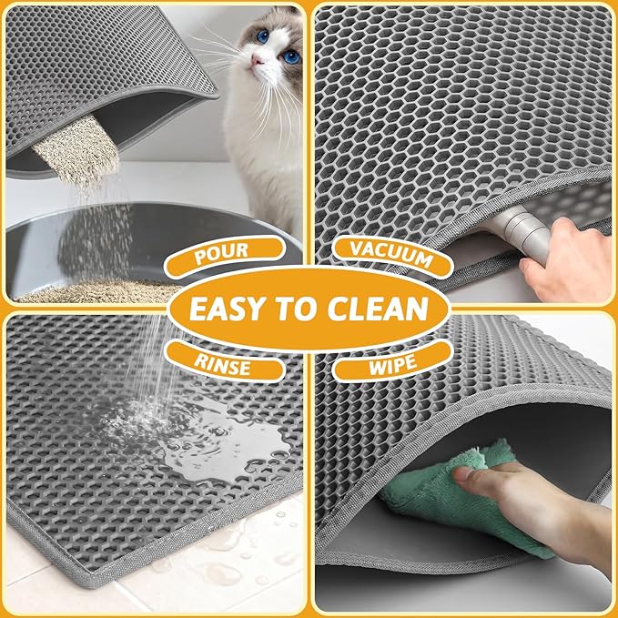 Pieviev Cat Litter Mat, Double-Layer Waterproof Litter Trap, 36" x 30" Gray | Honeycomb Design Catches Scattered Particles to Stop Tracking, Urineproof Base Protects Floors, Easy to Clean - Image 6