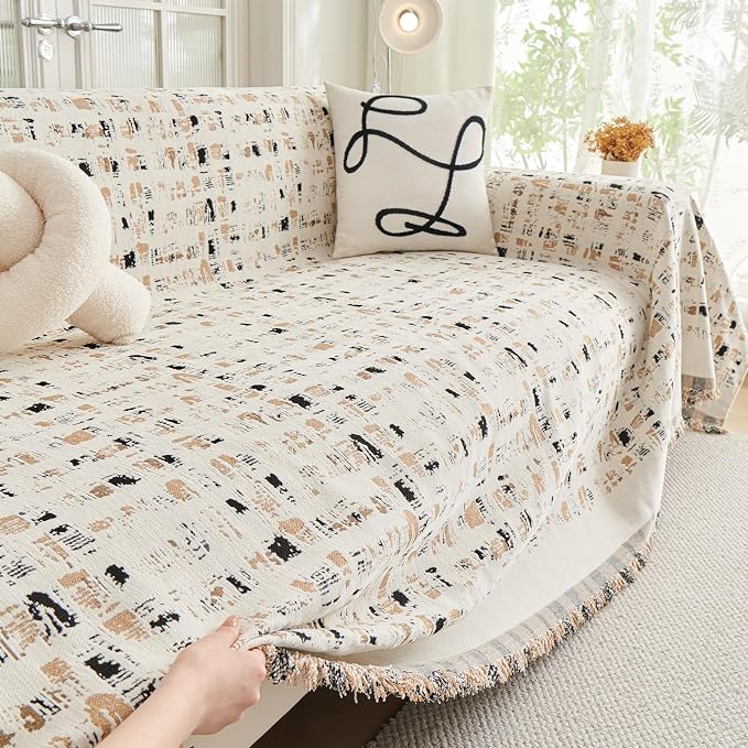 DREAMINGO Abstract Chenille Couch Cover Blanket Beige Khaki Black Boho Sofa Cover, Washable Furniture Protector, Universal Slipcover for Couch, Geometric Brushstroke Jacquard, X-Large 71"x134" - Image 2
