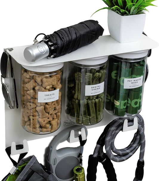 Dog Leash Holder for Wall with Shelf — Wall Mounted Dog Treat Holder & Station, 3 Large Airtight 32oz Treat Containers, 9 Hooks, Patented Lidless Slide-to-Seal Jars, Solid Steel, Made in USA by Vascito
