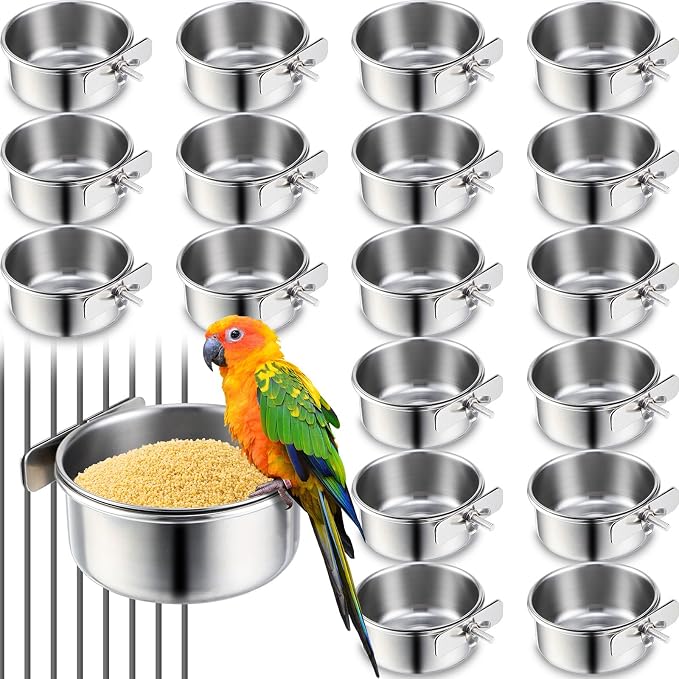 Ziliny 24 Pcs Stainless Steel Parrot Food Bowls Bulk 10 oz Bird Feeding Dish Cups for Cages Bird Bowls with Clamp Pet Water Feeders Cage Accessories for Parakeet Parrot Budgie Rabbit Chicken by Ziliny