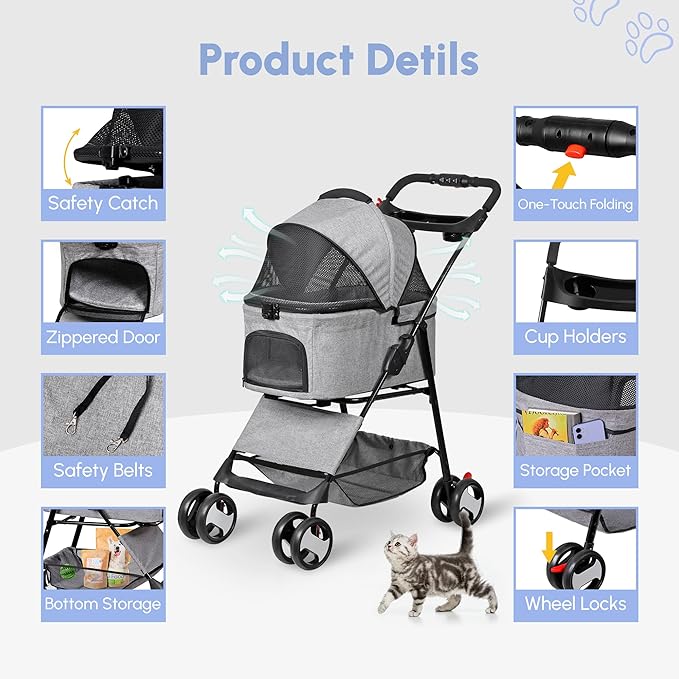 Pet Stroller 4 Wheels Dog Cat Stroller for Small Medium Dog Cats Carrier Jogger Travel Foldable Puppy with Detachable Carrier