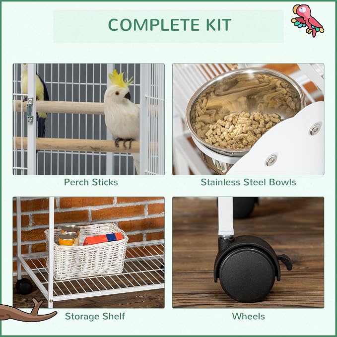PawHut 55" Large Parrot Cage with Toy Hooks Above Top Bird Perch, Tray, Food Cups, Rolling Stand, Bird Cage for Cockatiels, Parakeets, Lovebirds | Above Top Bird Perch, Rolling Stand, for Cockatiels, Parakeets, Lovebirds - Image 6