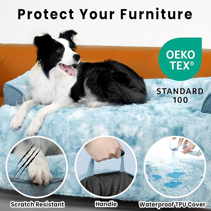 Calming Large Dog Couch Bed, Waterproof Memory Foam with Durable Fluffy Fuzzy Mats, Washable Removable Cover Protector for Sofa, Bedside, Gift, 45 x 37 Inches, Tie-Dye Blue - Image 5