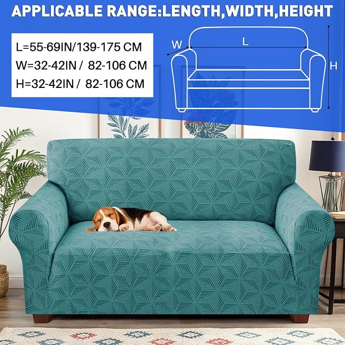 YEMYHOM 1 Piece Stretch Couch Covers for 2 Cushion Couch, Jacquard Loveseat Cover with Non-Slip Elastic Bottom, Thickened Slipcover Furniture Protector for Dogs Pets (Medium, Peacock Blue） - Image 2