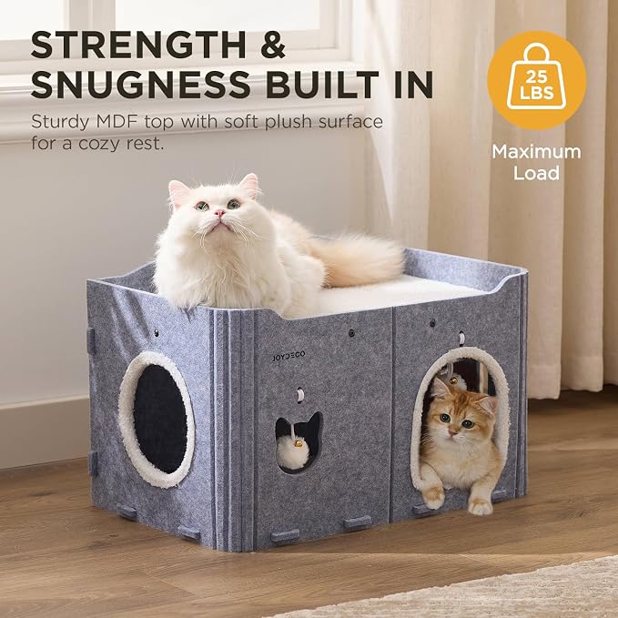 Joydeco Cat House for Indoor Cats, Extra Wide Scratch Resistant Felt Cat Condo, Hideaway Pet Cave Bed with Fluffy Ball and Tunnel for Kitten, Small Dogs, Rabbits, 22.4 x 13.7 x 14.9, Grey - Image 4