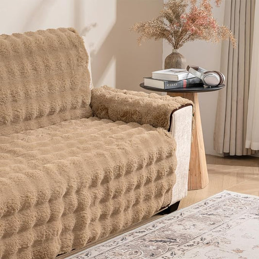 Plush and Fuzzy Shaggy Couch Cover, Dog Pad Faux Fur Sofa Cover, Water Resistant Slipcover, Non-Slip Furniture Protector for Kids,Dogs,Cats.(Light Brown-Bubble, Medium-XL Loveseat) by SNUGGLESINTO