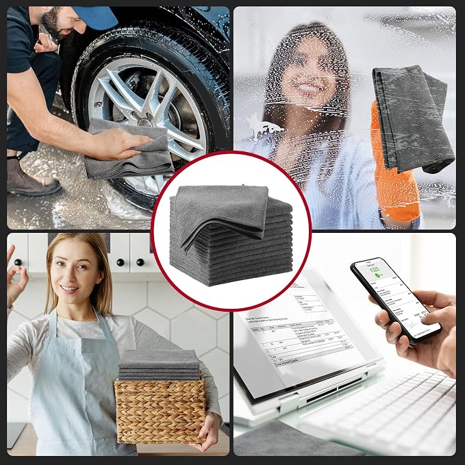 Oudain 300 Pcs Microfiber Cleaning Cloth 16x16 Inch Microfiber Towels for Car Ultra Absorbent Cleaning Rags Reusable Lint Free Streak Free Detailing Towel for Car Washing Drying Dusting (Gray) - Image 7