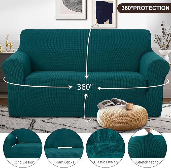 U-NICE HOME Oversized Stretch Loveseat Couch Cover, Blue | 2 Cushion Sofa, 1-Piece Sofa cover, Washable, Pet friendly, Furniture protector, Polyester Spandex Jacquard fabric - Image 3