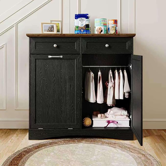 FIMELLO 39.7’’W Dual Doors Dog Food Storage Cabinet, Tilt-Out Dog Feeding Station with 4 Feeding Bowls, Pet Feeder Cabinet, Black Grain - Image 6
