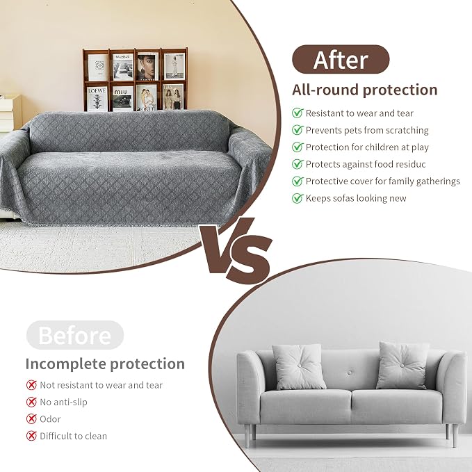 VANJOROY Grey Oversized Couch Sofa Cover for 3-4 Cushion 91"x 150" Sectional Sofa L-Shape -Washable Chenille Couch Cover for Dogs Pets, Couch Cover Protector Soft Sofa Slipcovers - Image 9